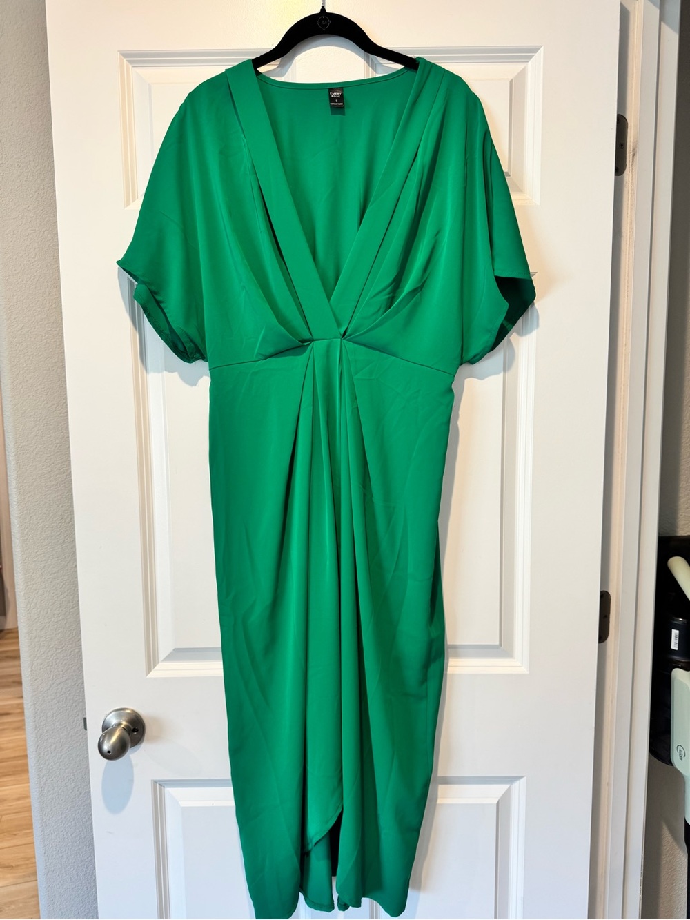 Vivid Green Draped V-Neck Midi Dress - Unbranded